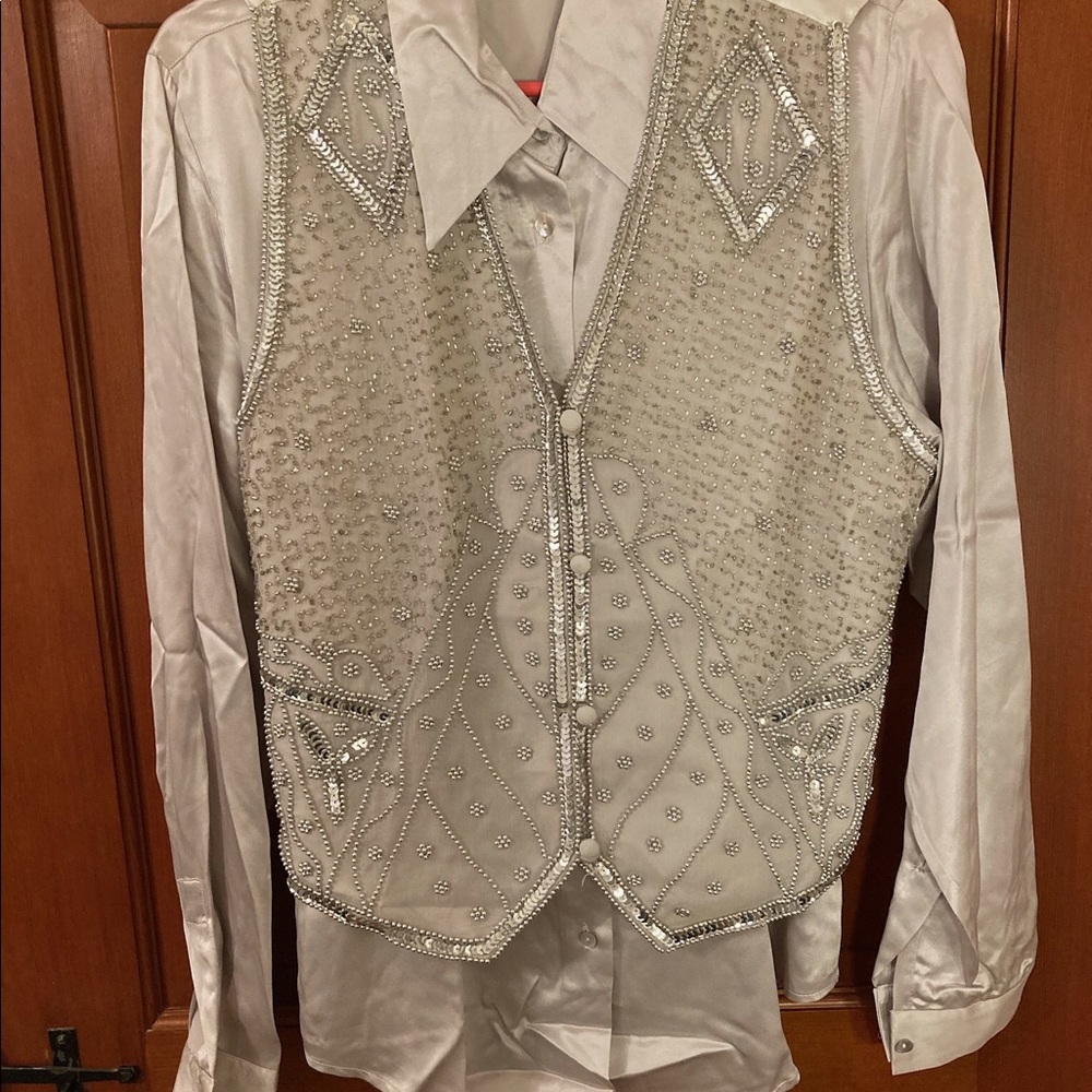 Silver grey silk blouse with matching sequined and beaded vest